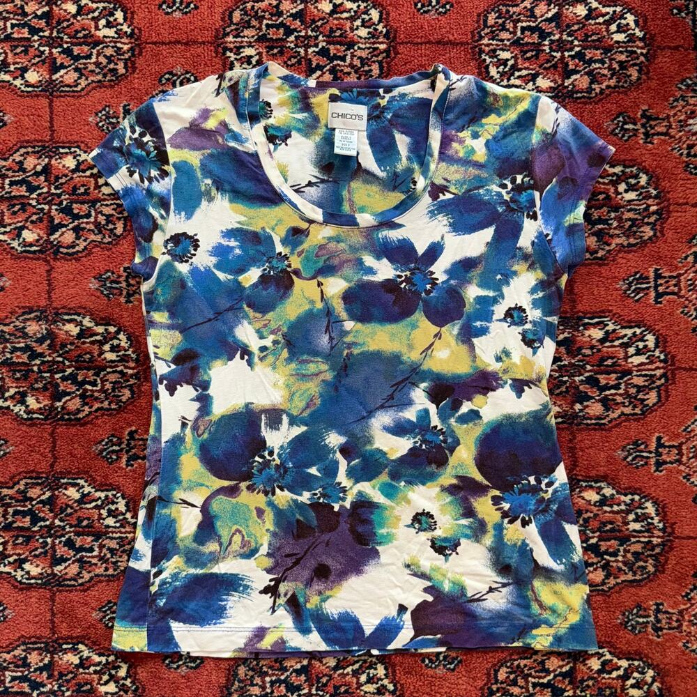Chico's Size 0 (S/4) Blue/Green/Purple Watercolor‎ Print Stretch Rayon T-Shirt